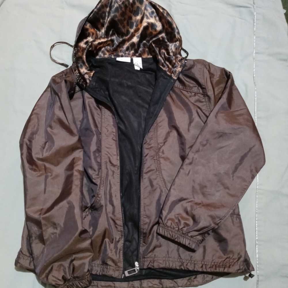 Pre-owned Kim's ladies Brown Nylon Windbreaker Cheetah Design Sz .XL